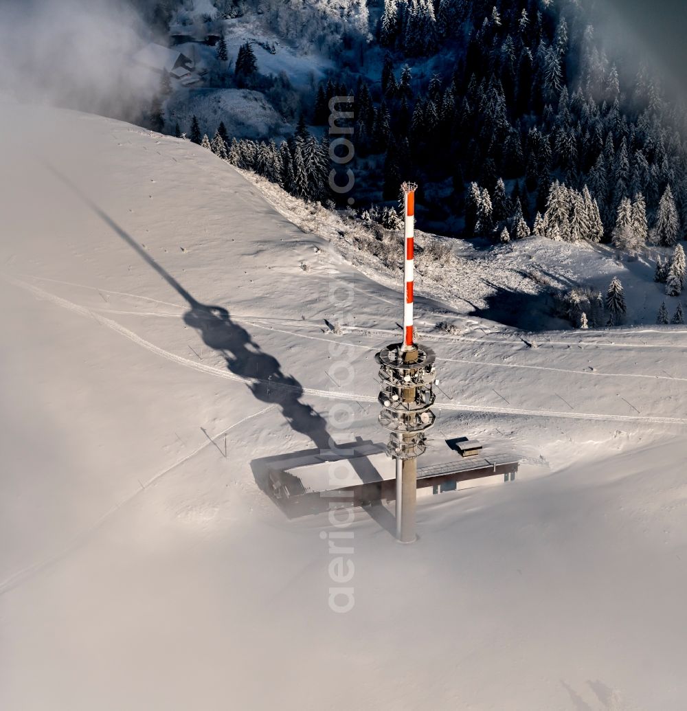 Feldberg (Schwarzwald) from above - Wintry snowy television Tower in Feldberg (Schwarzwald) in the state Baden-Wurttemberg, Germany