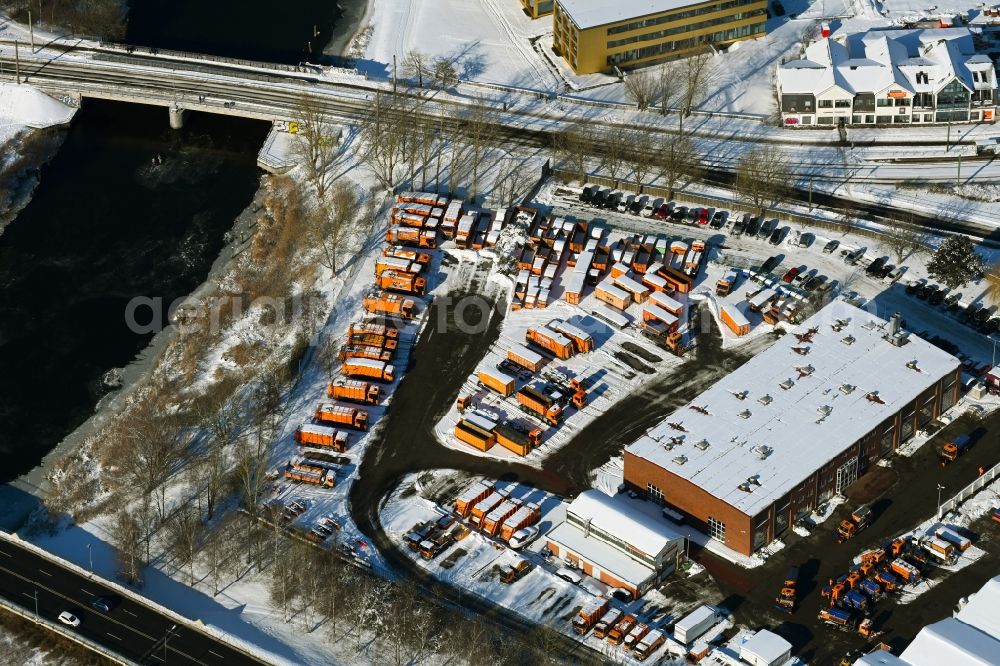 Rostock from above - Wintry snowy company grounds and facilities of Stadtentsorgung Rostock GmbH on Petridonm in Rostock in the state Mecklenburg - Western Pomerania, Germany