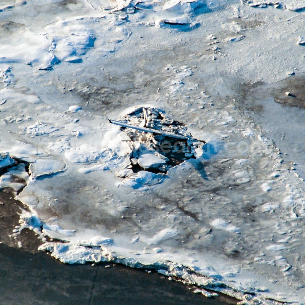 Hoyer from above - Winter aerial view Plane wreck on an ice floe in Hoyer in Syddanmark, Denmark