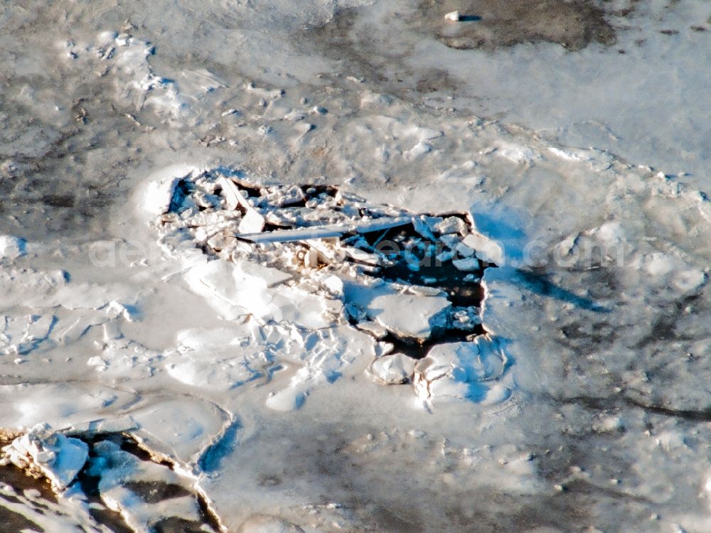 Hoyer from the bird's eye view: Winter aerial view Plane wreck on an ice floe in Hoyer in Syddanmark, Denmark