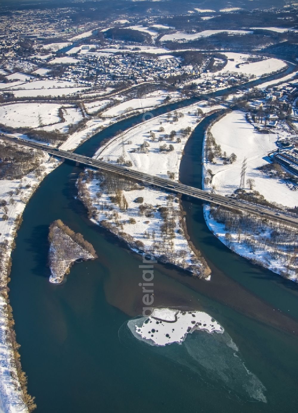 Aerial photograph Herbede - Wintry snowy river - bridge construction Autobahnbruecke A43 in Herbede at Ruhrgebiet in the state North Rhine-Westphalia