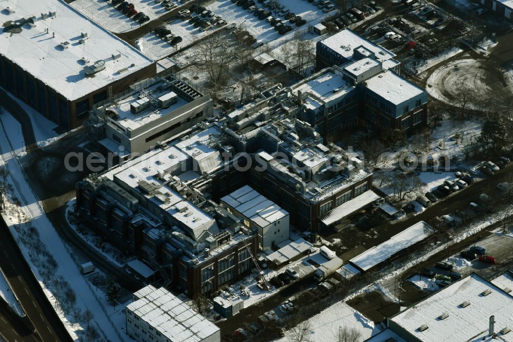 Aerial photograph Berlin - Wintry snowy research building and office complex of BIOTRONIK SE & Co. KG on street Woermannkehre in the district Britz in Berlin, Germany