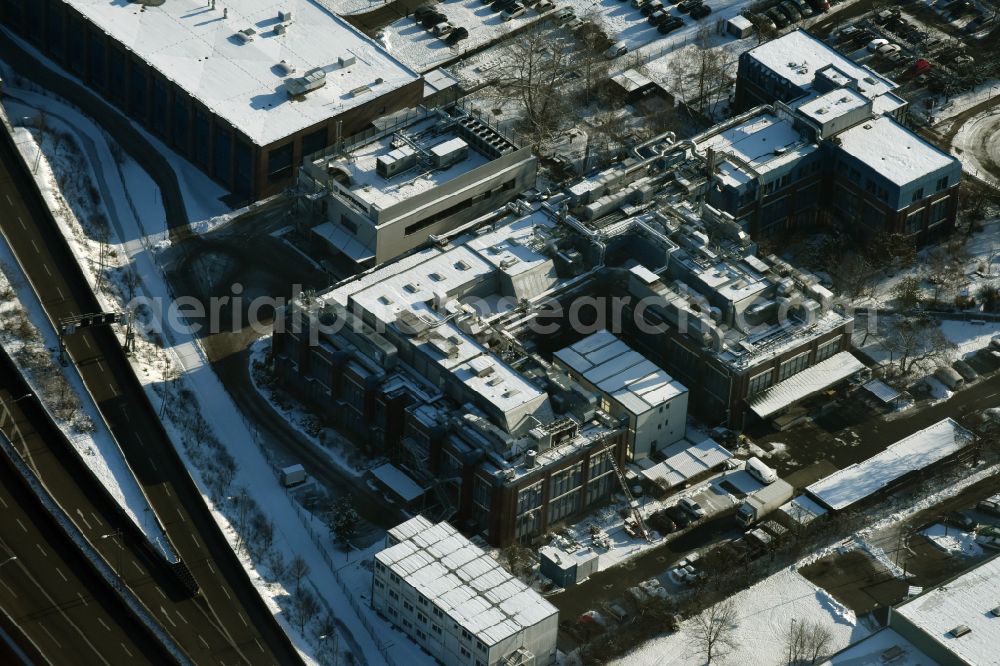 Berlin from above - Wintry snowy research building and office complex of BIOTRONIK SE & Co. KG on street Woermannkehre in the district Britz in Berlin, Germany