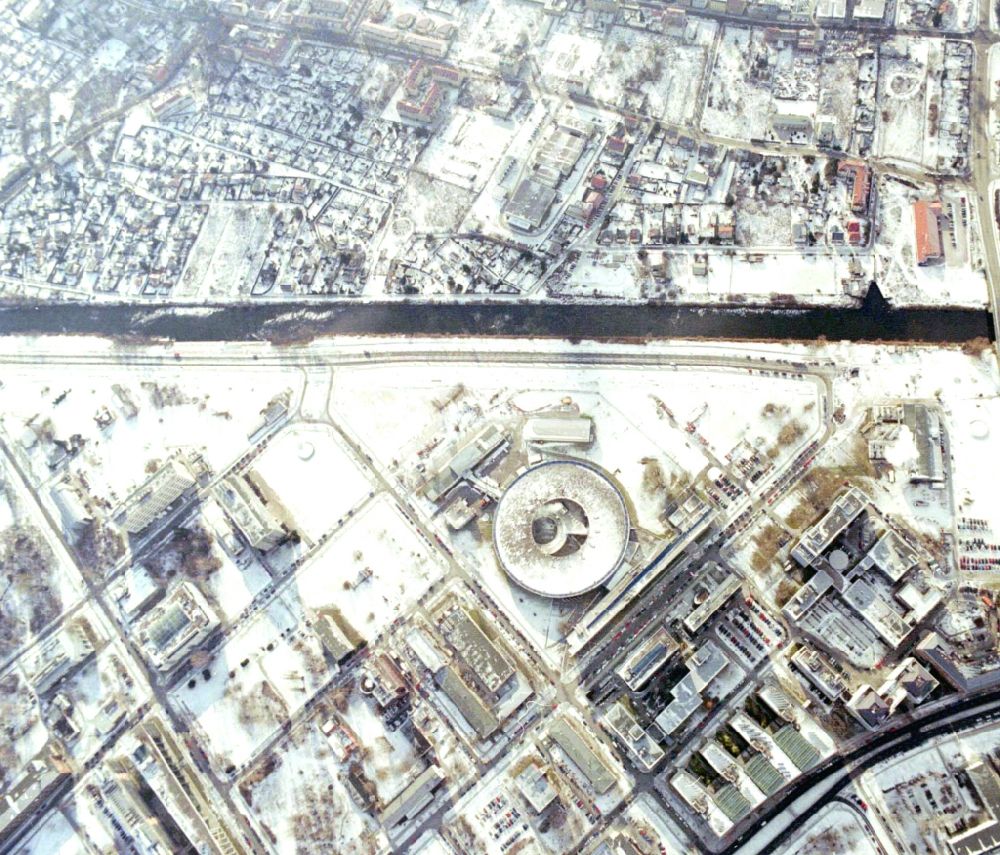 Berlin from above - Wintry snowy research building and office complex Elektronen- Speicherring BESSY - Synchrotronstrahlungsquelle in the district Adlershof in Berlin, Germany