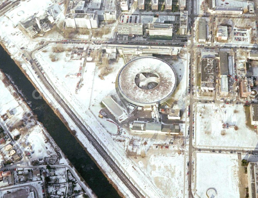 Berlin from the bird's eye view: Wintry snowy research building and office complex Elektronen- Speicherring BESSY - Synchrotronstrahlungsquelle in the district Adlershof in Berlin, Germany