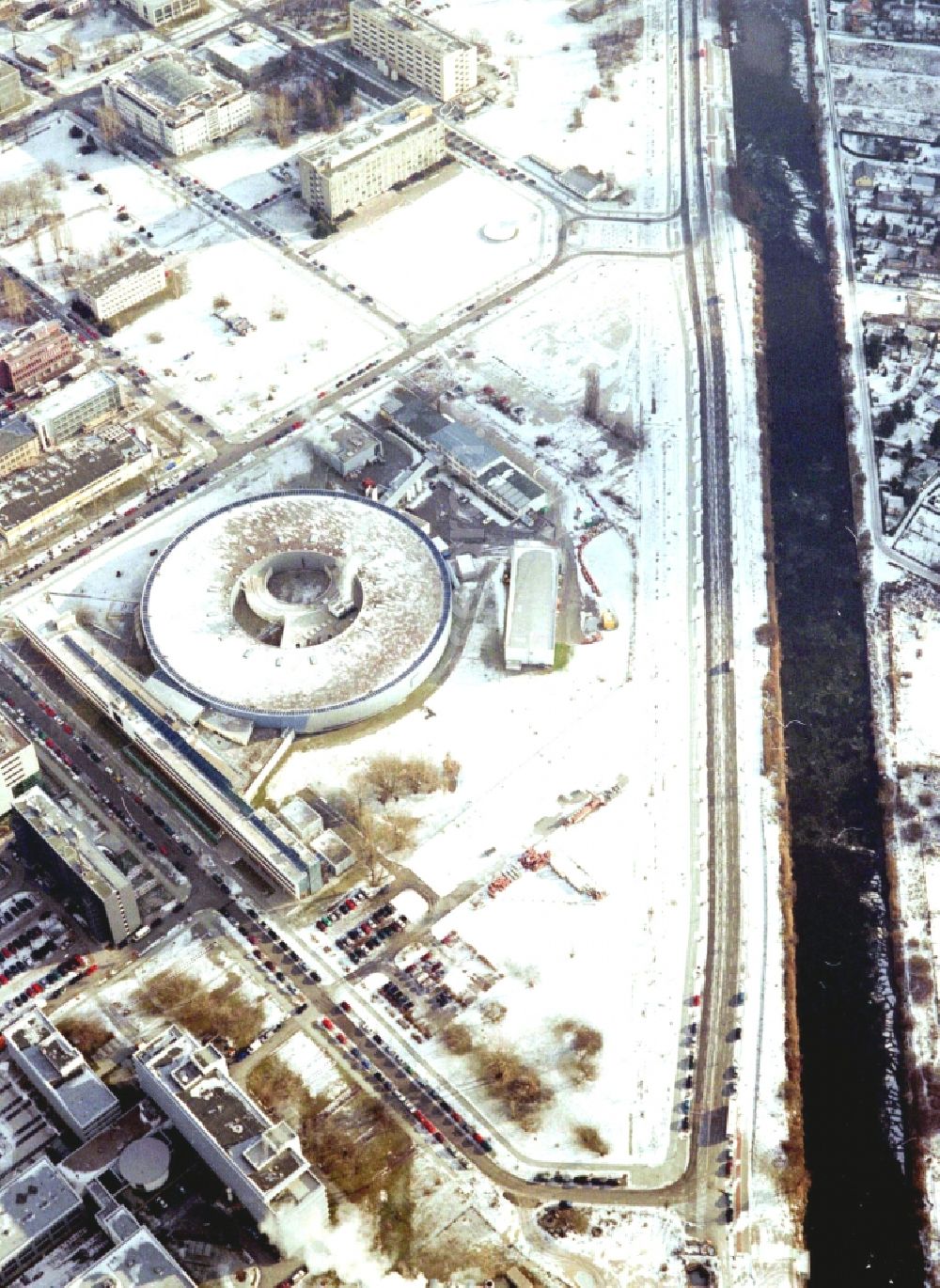 Berlin from above - Wintry snowy research building and office complex Elektronen- Speicherring BESSY - Synchrotronstrahlungsquelle in the district Adlershof in Berlin, Germany