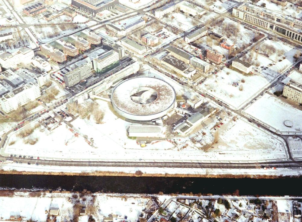 Berlin from above - Wintry snowy research building and office complex Elektronen- Speicherring BESSY - Synchrotronstrahlungsquelle in the district Adlershof in Berlin, Germany