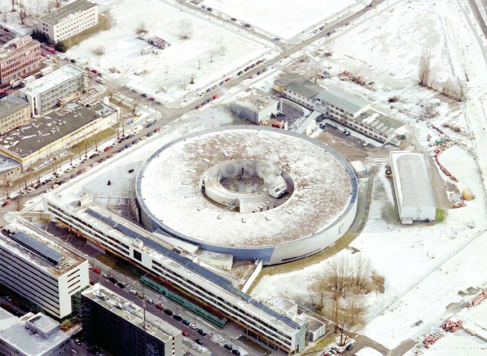 Berlin from the bird's eye view: Wintry snowy research building and office complex Elektronen- Speicherring BESSY - Synchrotronstrahlungsquelle in the district Adlershof in Berlin, Germany