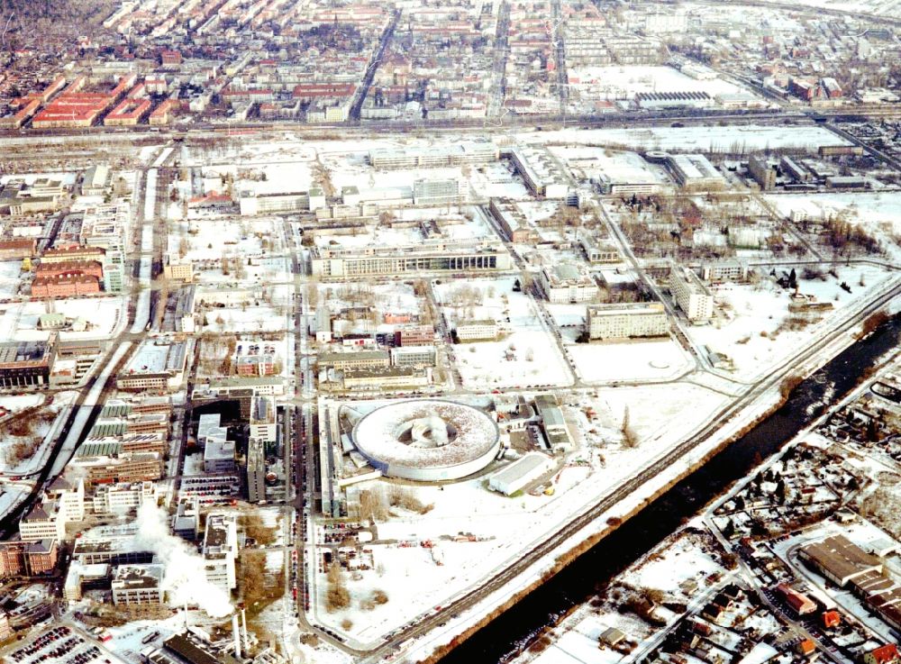 Berlin from above - Wintry snowy research building and office complex Elektronen- Speicherring BESSY - Synchrotronstrahlungsquelle in the district Adlershof in Berlin, Germany