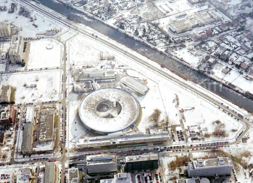 Berlin from above - Wintry snowy research building and office complex Elektronen- Speicherring BESSY - Synchrotronstrahlungsquelle in the district Adlershof in Berlin, Germany