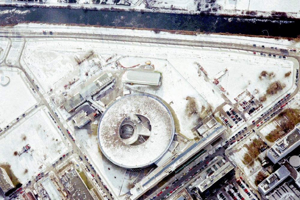 Berlin from the bird's eye view: Wintry snowy research building and office complex Elektronen- Speicherring BESSY - Synchrotronstrahlungsquelle in the district Adlershof in Berlin, Germany