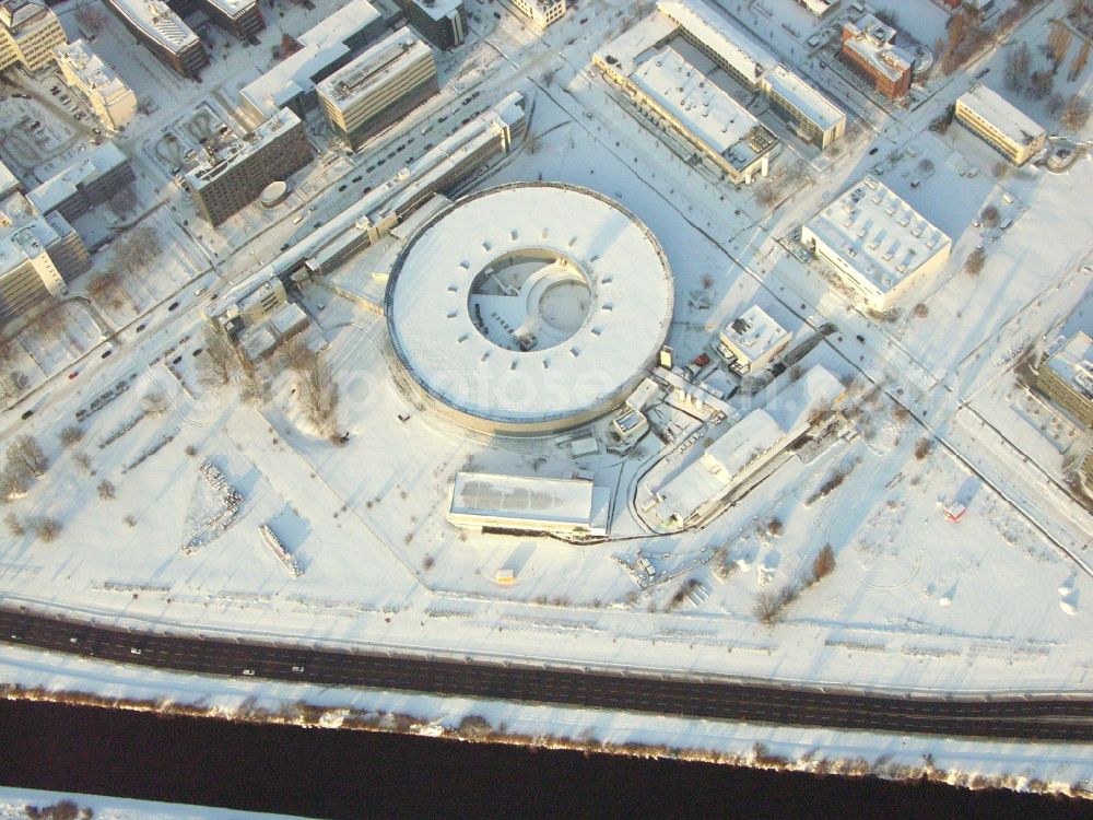 Berlin from above - Wintry snowy research building and office complex Elektronen- Speicherring BESSY - Synchrotronstrahlungsquelle in the district Adlershof in Berlin, Germany