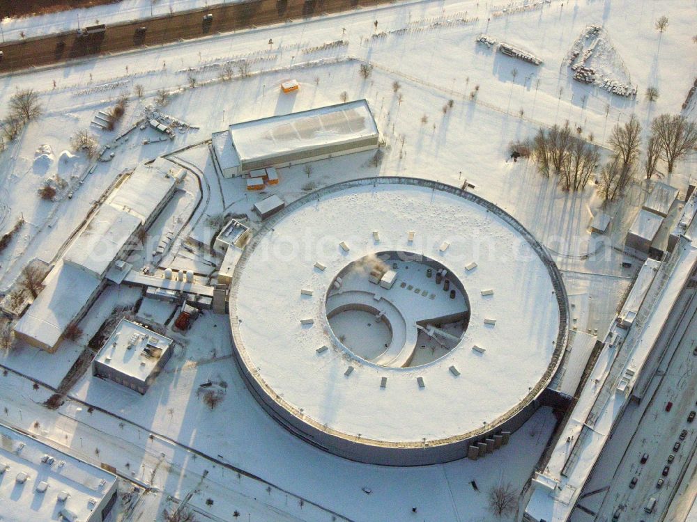 Berlin from above - Wintry snowy research building and office complex Elektronen- Speicherring BESSY - Synchrotronstrahlungsquelle in the district Adlershof in Berlin, Germany