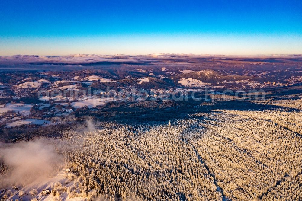 Aerial image Smrzovka - Wintry snowy forest areas in in Smrzovka Jizera Mountains in Liberecky kraj, Czech Republic