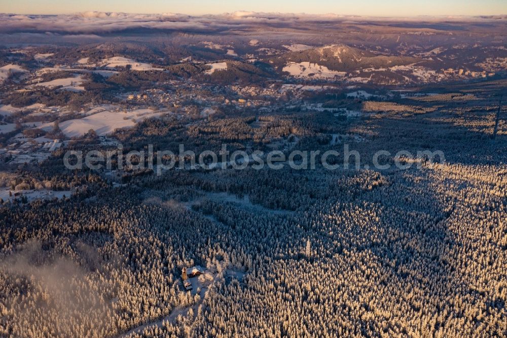 Aerial photograph Smrzovka - Wintry snowy forest areas in in Smrzovka Jizera Mountains in Liberecky kraj, Czech Republic