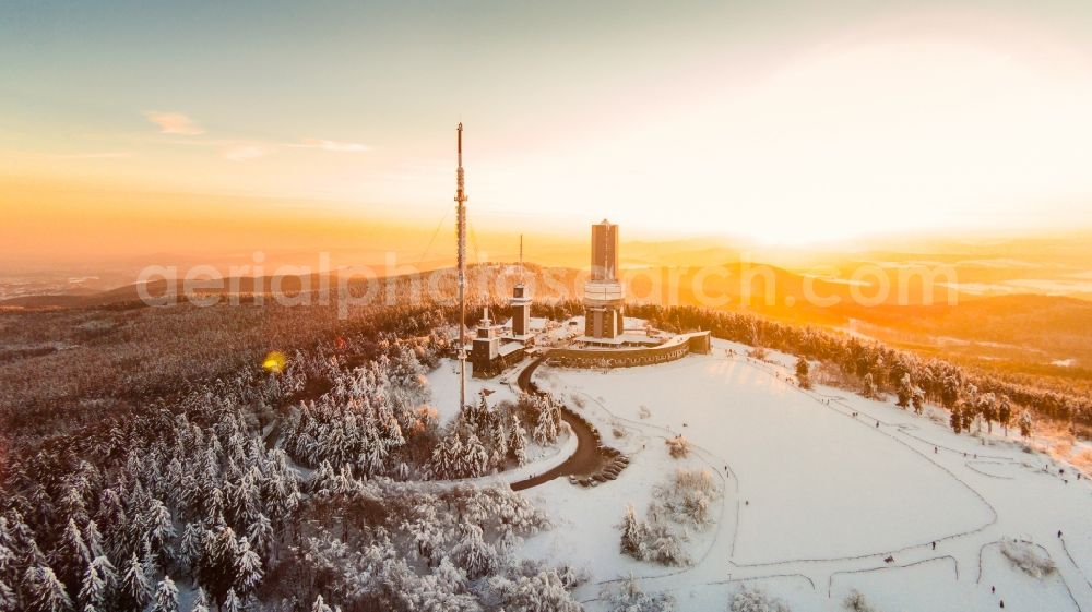 Schmitten from above - Wintry snowy Funkturm and transmission system as basic network transmitter Grosser Feldberg in Taunus in Schmitten in the state Hesse, Germany