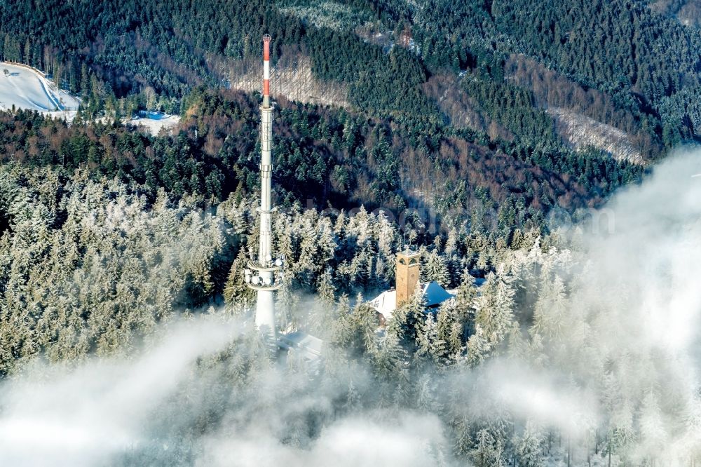 Aerial photograph Oberharmersbach - Wintry snowy radio tower and transmitter on the crest of the mountain range Am Brandenkopf in Oberharmersbach in the state Baden-Wurttemberg, Germany