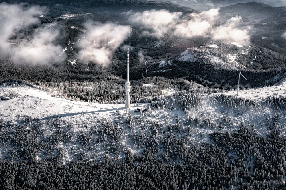 Aerial image Seebach - Wintry snowy radio tower and transmitter on the crest of the mountain range Hornisgrinde in Schwarzwald in Seebach in the state Baden-Wurttemberg, Germany