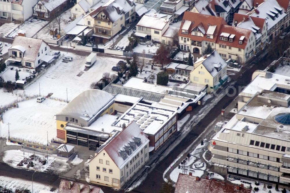 Kandel from above - Wintry snowy Town Hall building of the city administration Verbandsgemeinde and Stadt Kandel in Kandel in the state Rhineland-Palatinate