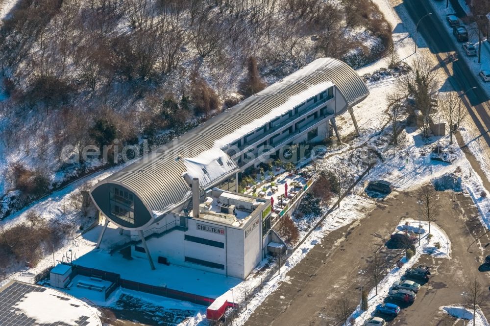 Aerial image Bottrop - Wintry snowy complex of the hotel building chillten bottrop on Gungstrasse in Bottrop at Ruhrgebiet in the state North Rhine-Westphalia, Germany