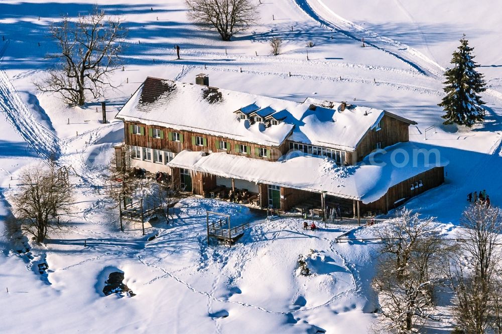 Aerial photograph Bischofsmais - Wintry snowy Complex of the hotel building Landshuter Haus Oberbreitenau in Bischofsmais in the state Bavaria, Germany