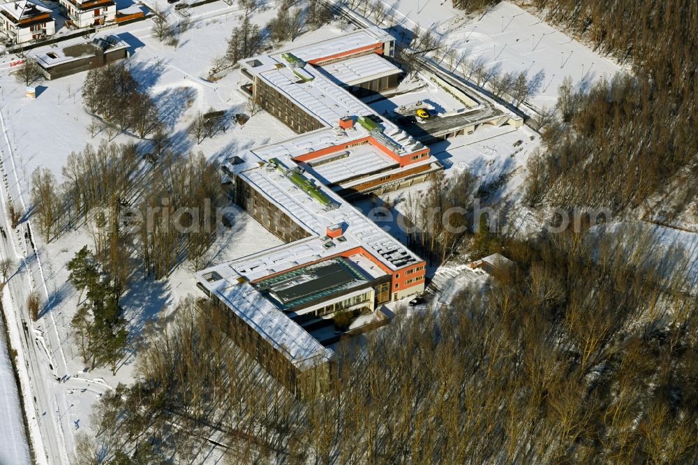 Dierhagen from above - Wintry snowy complex of the hotel building Ostseehotel in Dierhagen in the state Mecklenburg - Western Pomerania