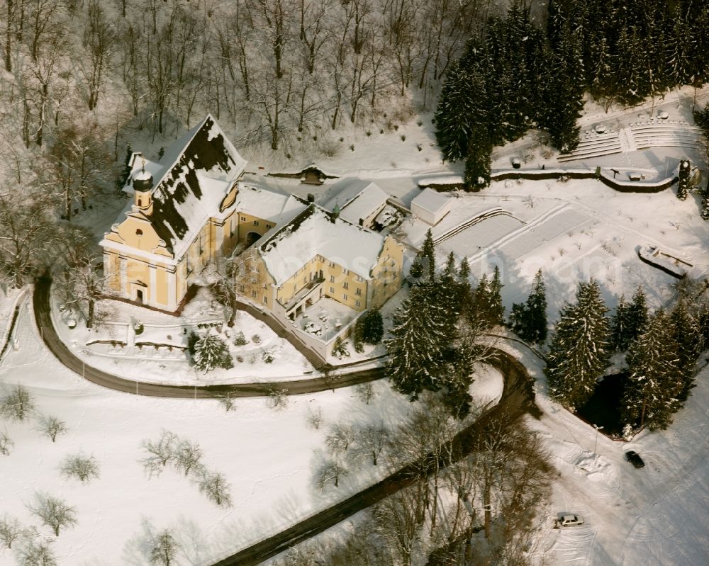 Aerial photograph Deggingen - Wintry snowy complex of buildings of the monastery Kapuzinerkloster Ave Maria in Deggingen in the state Baden-Wuerttemberg, Germany