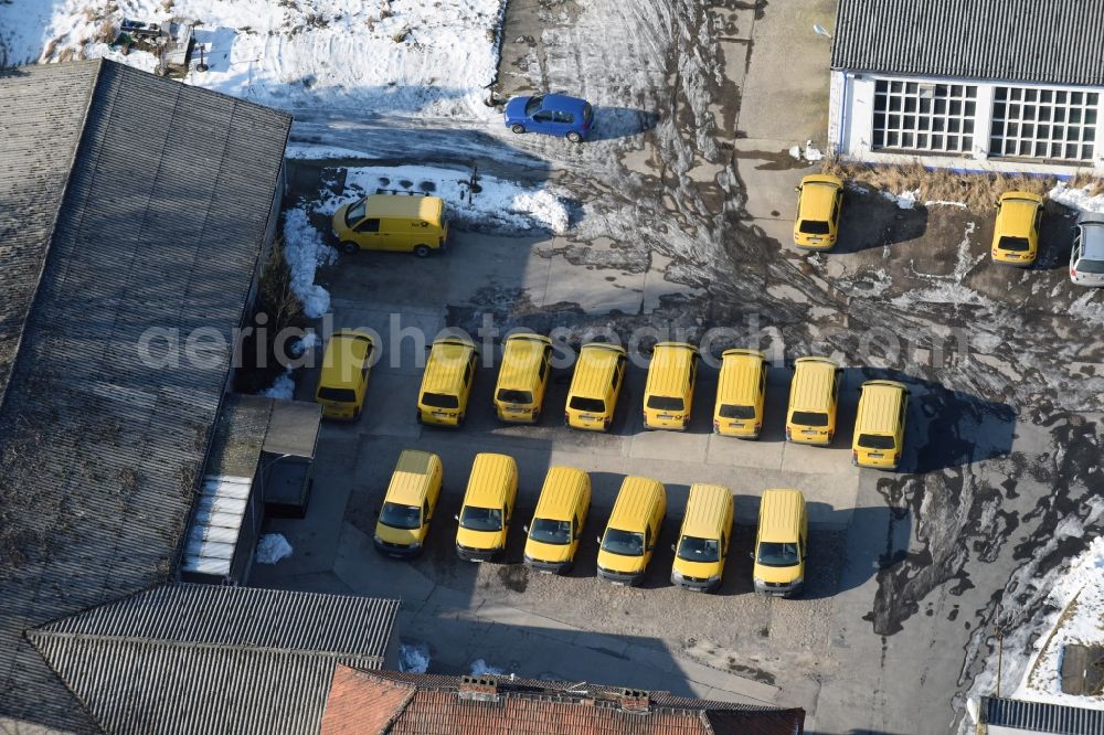 Aerial image Werneuchen - Wintry snowy Building complex and distribution center on the site of Deutschen Post - DHL on Freienwalder Strasse in Werneuchen in the state Brandenburg