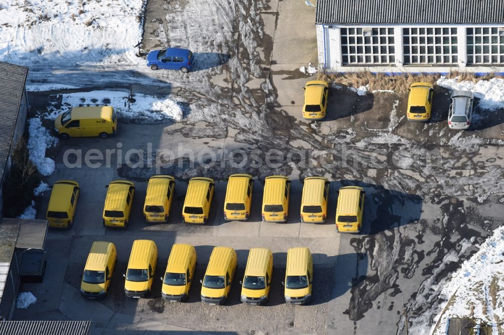 Aerial photograph Werneuchen - Wintry snowy Building complex and distribution center on the site of Deutschen Post - DHL on Freienwalder Strasse in Werneuchen in the state Brandenburg