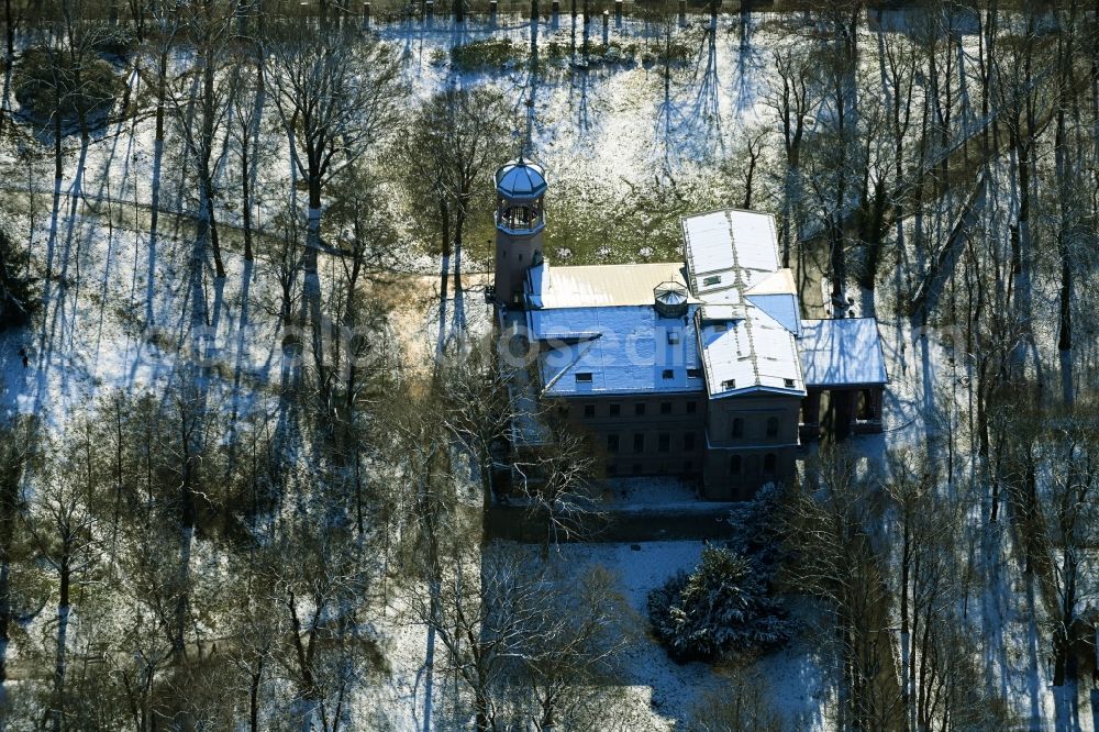 Aerial image Berlin - Wintry snowy building complex in the park of the castle Biesdorf in Berlin, Germany