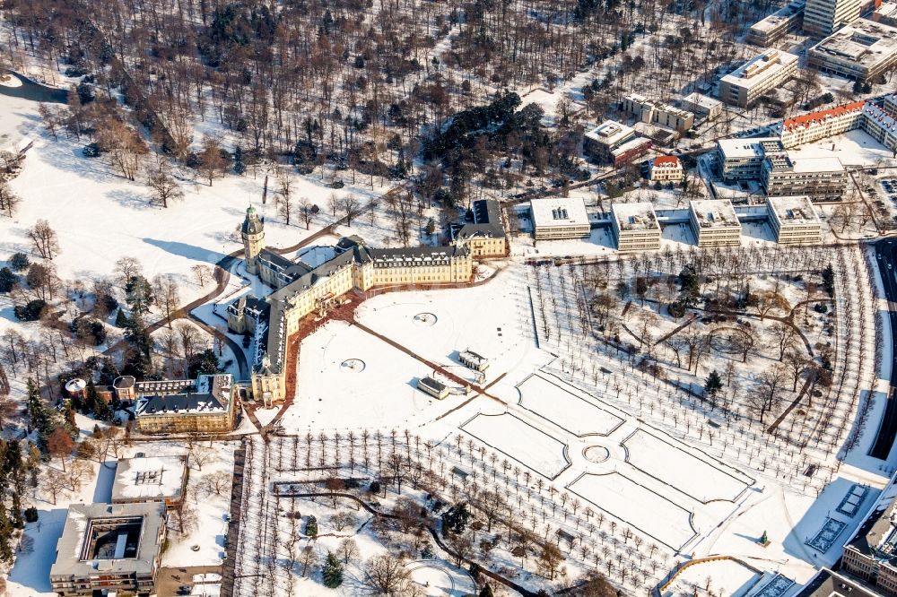 Karlsruhe from above - Wintry snowy Building complex in the park of the castle Schloss Karlsruhe in Karlsruhe in the state Baden-Wuerttemberg, Germany