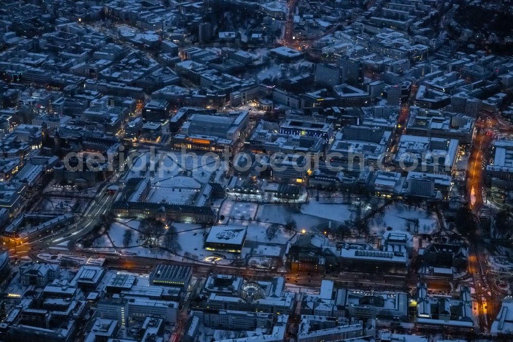 Stuttgart from above - Wintry snowy building complex in the park of the castle Neues Schloss on Schlossplatz in the district Oberer Schlossgarten in Stuttgart in the state Baden-Wurttemberg, Germany