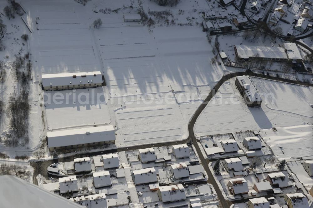 Aerial image Flossenbürg - Wintry snowy tourist attraction of the historic monument KZ-Gedenkstaette Flossenbuerg on Gedaechtnisallee in Flossenbuerg in the state Bavaria, Germany