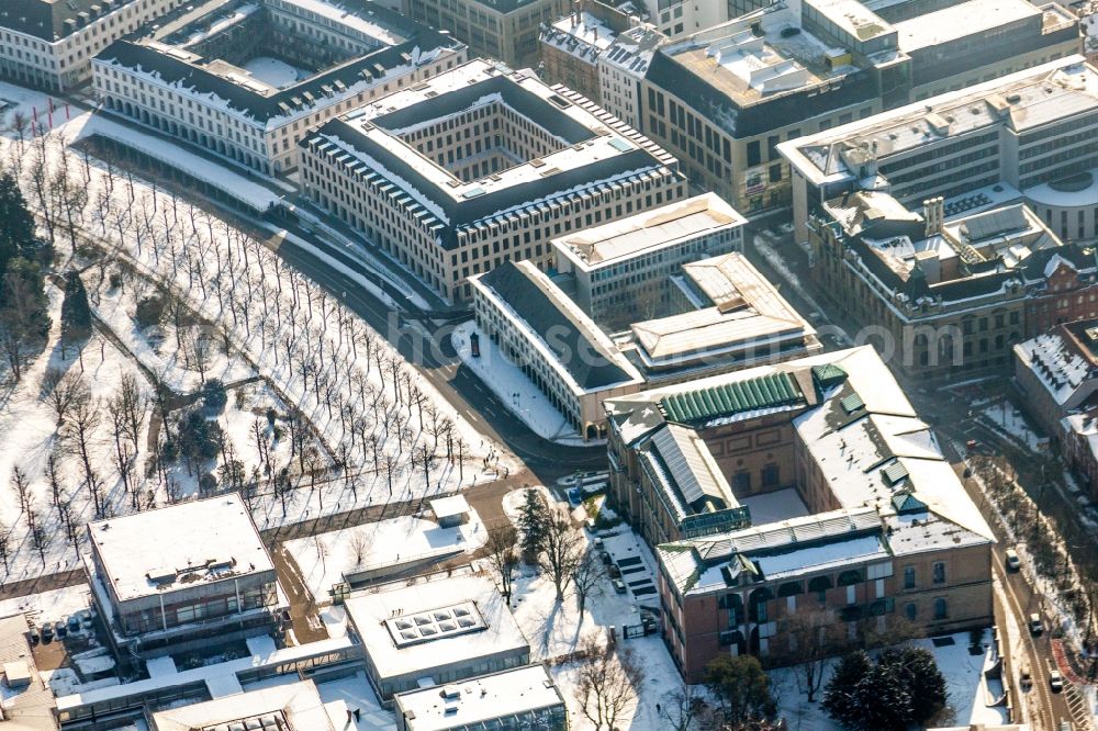 Karlsruhe from the bird's eye view: Wintry snowy Court- Building complex of the Bundesverfassungsgericht in Karlsruhe in the state Baden-Wuerttemberg, Germany