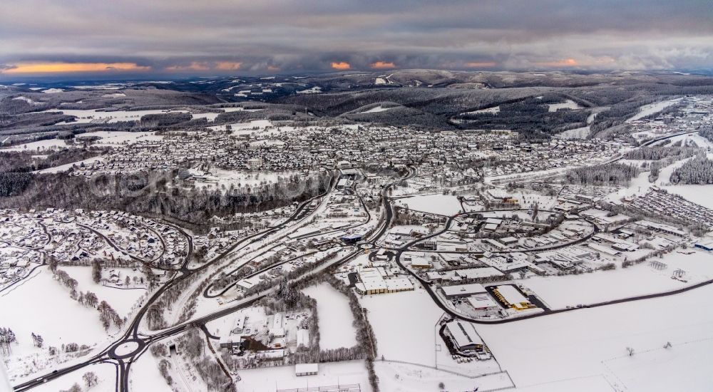 Aerial photograph Winterberg - Wintry snowy city area with outside districts and inner city area in Winterberg at Sauerland in the state North Rhine-Westphalia, Germany