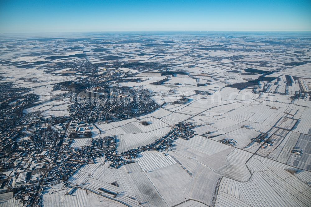 Aerial image Stade - Wintry snowy city area with outside districts and inner city area in Stade in the state Lower Saxony, Germany