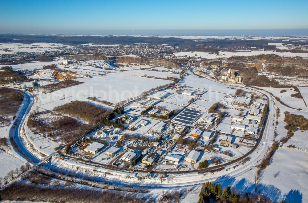 Aerial image Warstein - Wintry snowy Industrial estate and company settlement Enkerbruch in Warstein in the state North Rhine-Westphalia