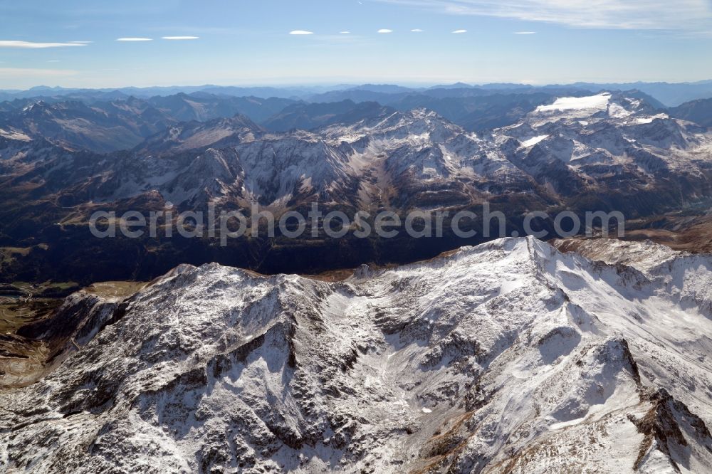 Airolo from above - Wintry snowy Rocky and mountainous landscape Sasso San Gottardo on Passo del San Gottardo of alps on St Gotthard Pass in Airolo in the canton Ticino, Switzerland