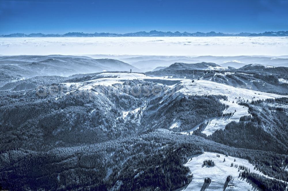 Aerial image Feldberg (Schwarzwald) - Wintry snowy Rocky and mountainous landscape of Feldberg in Feldberg (Schwarzwald) in the state Baden-Wuerttemberg