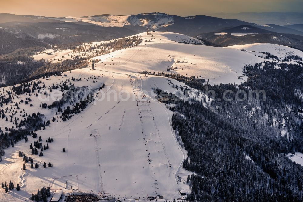 Feldberg (Schwarzwald) from above - Wintry snowy Rocky and mountainous landscape of Feldberg in Feldberg (Schwarzwald) in the state Baden-Wuerttemberg