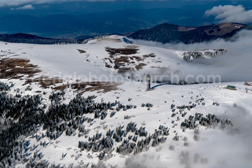 Feldberg (Schwarzwald) from above - Wintry snowy Rocky and mountainous landscape of Feldberg in Feldberg (Schwarzwald) in the state Baden-Wuerttemberg, Germany