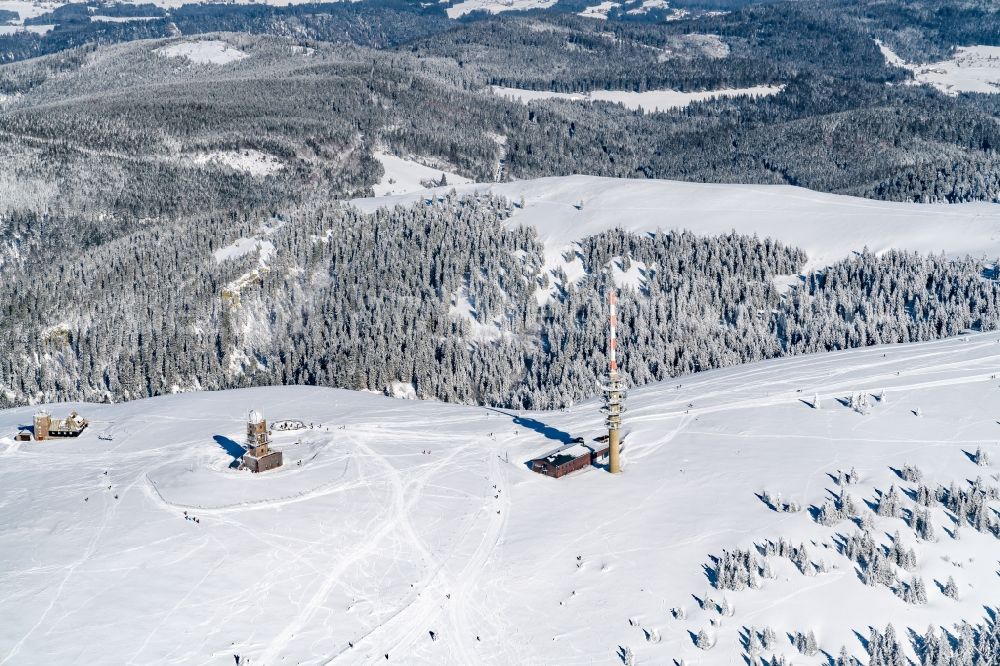 Aerial image Feldberg (Schwarzwald) - Wintry snowy rocky and mountainous landscape in Feldberg (Schwarzwald) at Schwarzwald in the state Baden-Wuerttemberg, Germany