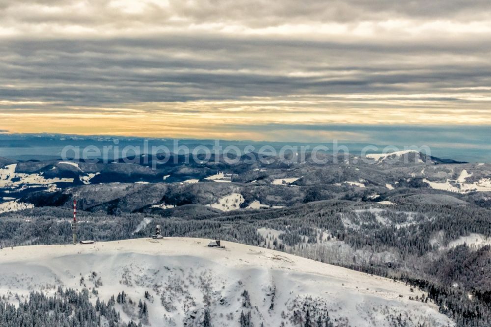 Feldberg (Schwarzwald) from above - Wintry snowy rocky and mountainous landscape in Feldberg (Schwarzwald) at Schwarzwald in the state Baden-Wuerttemberg, Germany