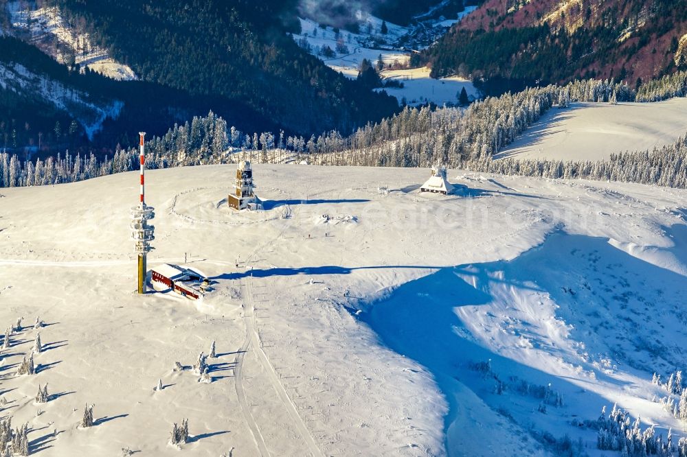 Feldberg (Schwarzwald) from above - Wintry snowy rocky and mountainous landscape in Feldberg (Schwarzwald) at Schwarzwald in the state Baden-Wuerttemberg, Germany