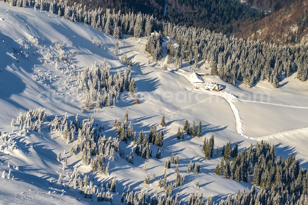 Aerial image Feldberg (Schwarzwald) - Wintry snowy rocky and mountainous landscape in Feldberg (Schwarzwald) at Schwarzwald in the state Baden-Wuerttemberg, Germany