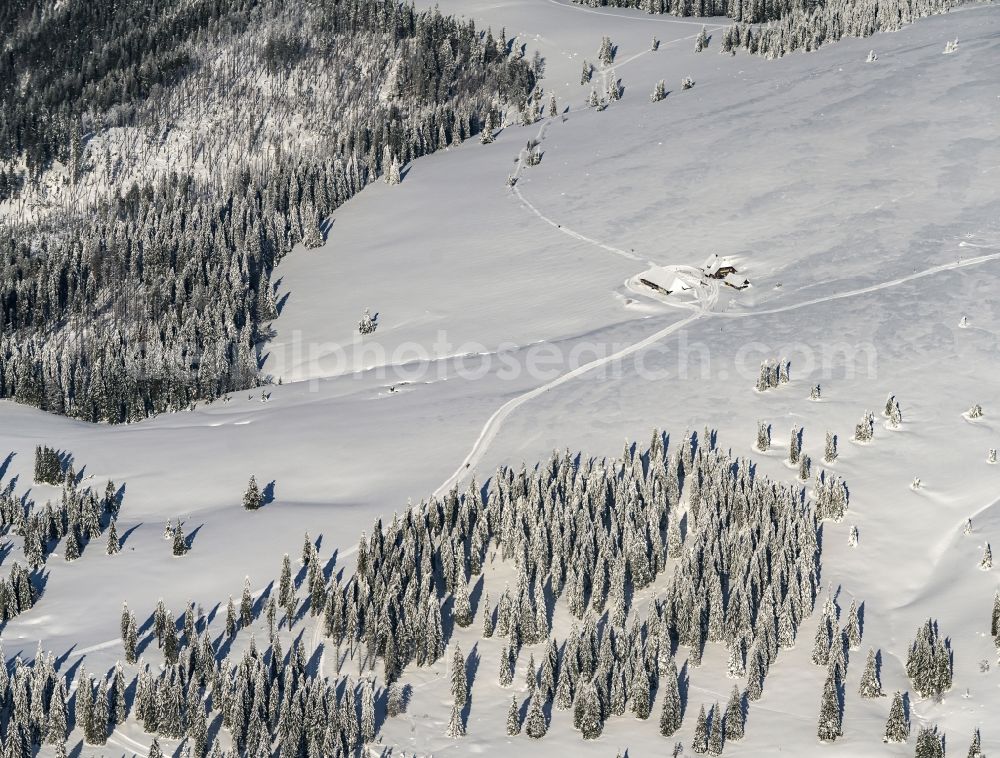 Aerial image Feldberg (Schwarzwald) - Wintry snowy rocky and mountainous landscape in Feldberg (Schwarzwald) at Schwarzwald in the state Baden-Wuerttemberg, Germany