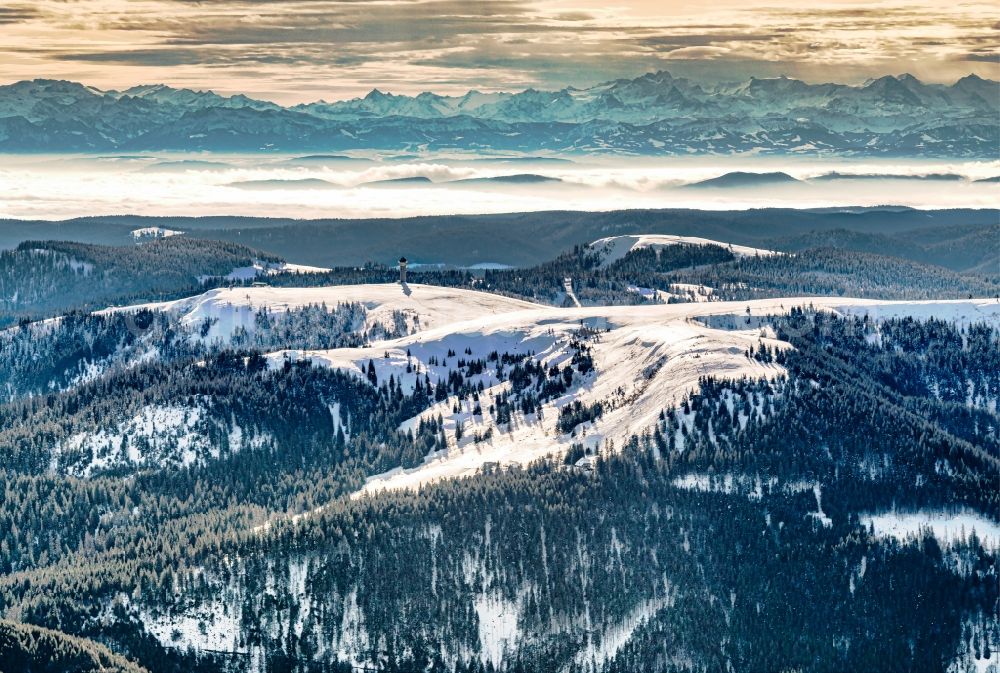 Aerial image Feldberg (Schwarzwald) - Wintry snowy rocky and mountainous landscape in Feldberg (Schwarzwald) at Schwarzwald in the state Baden-Wuerttemberg, Germany