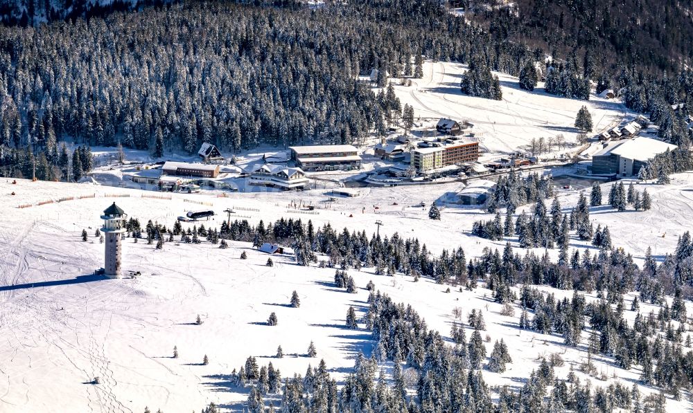 Feldberg (Schwarzwald) from above - Wintry snowy rocky and mountainous landscape in Feldberg (Schwarzwald) at Schwarzwald in the state Baden-Wuerttemberg, Germany