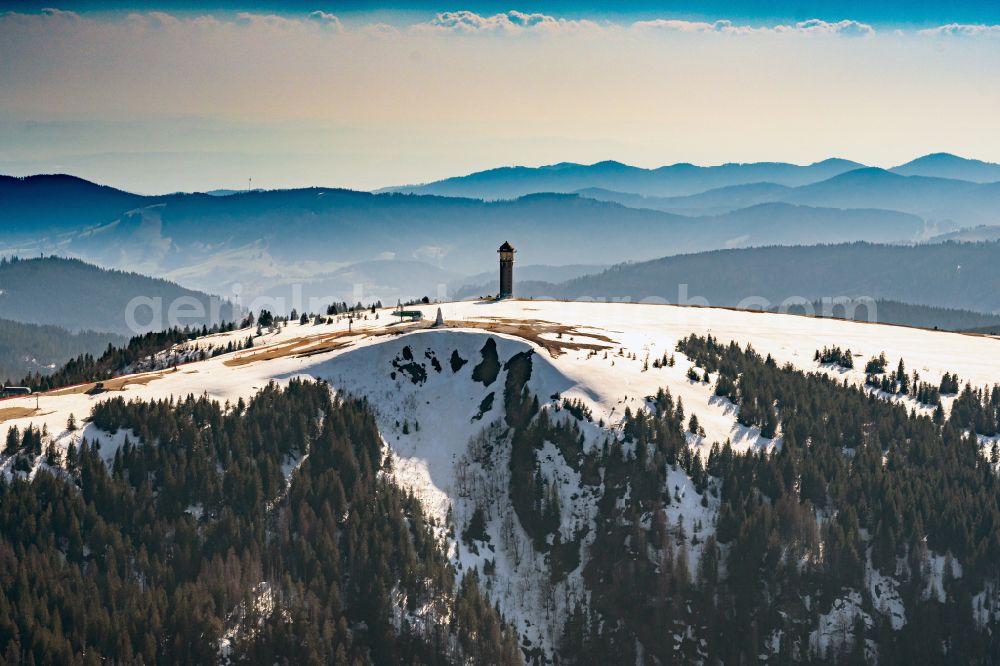 Feldberg (Schwarzwald) from above - Wintry snowy rocky and mountainous landscape in Feldberg (Schwarzwald) at Schwarzwald in the state Baden-Wuerttemberg, Germany