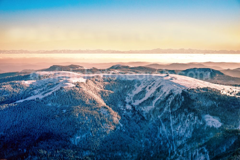 Aerial image Feldberg (Schwarzwald) - Wintry snowy rocky and mountainous landscape in Feldberg (Schwarzwald) at Schwarzwald in the state Baden-Wuerttemberg, Germany